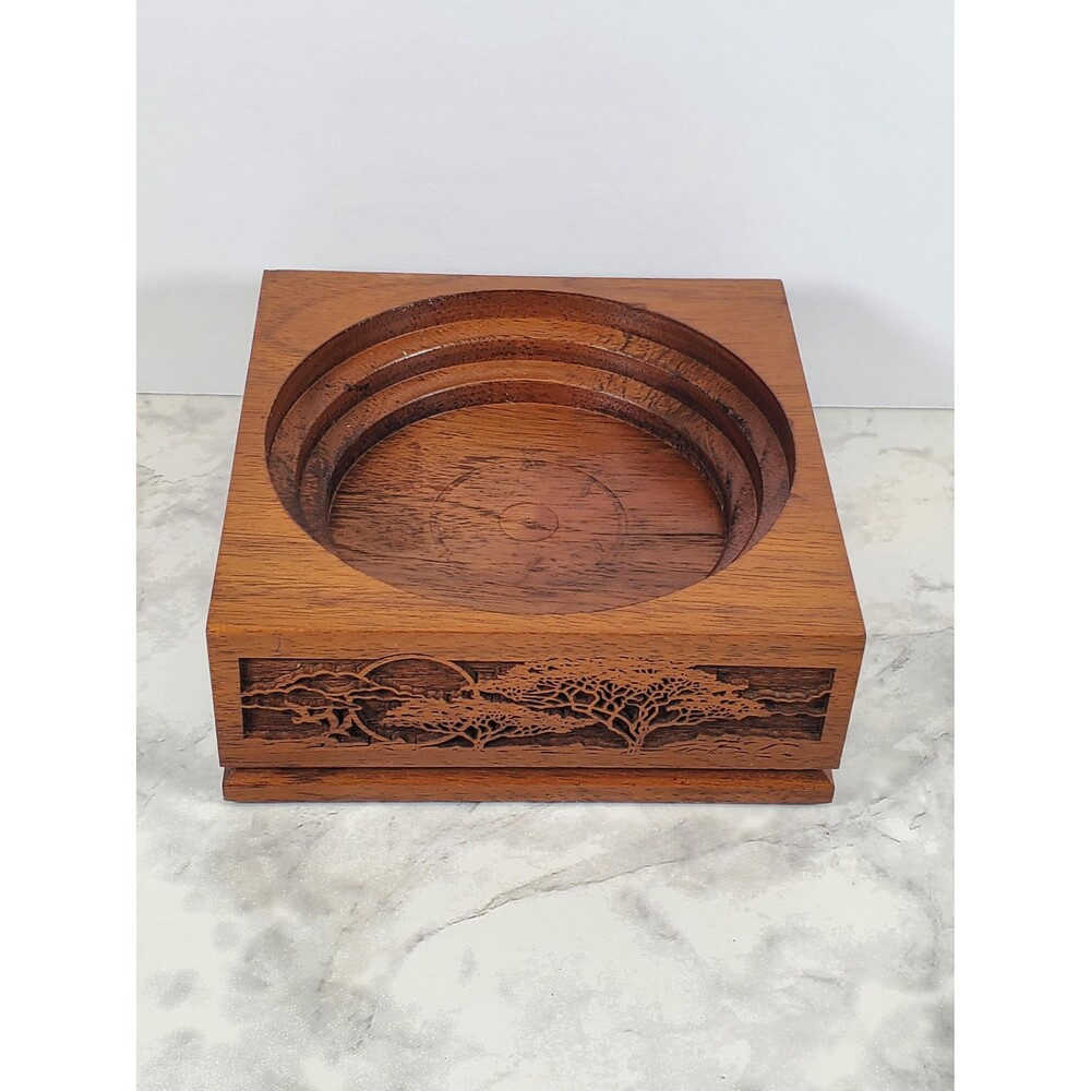 Vintage 1970s Lasercraft Solid Walnut Engraved Ashtray Trinket Dish